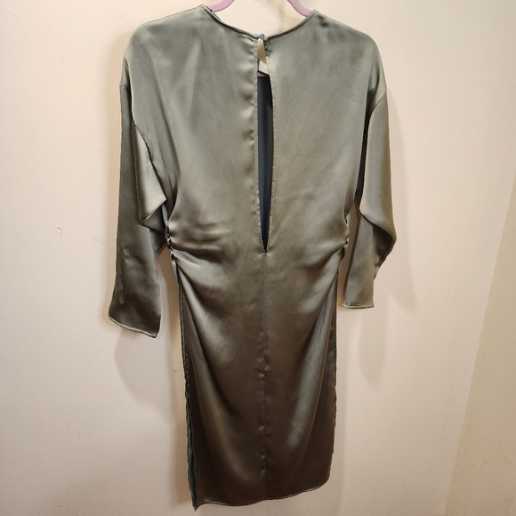 ZARA Olive Green Satin 3/4 Sleeve High Side Slits Midi Dress Top XS - Picture 4 of 13